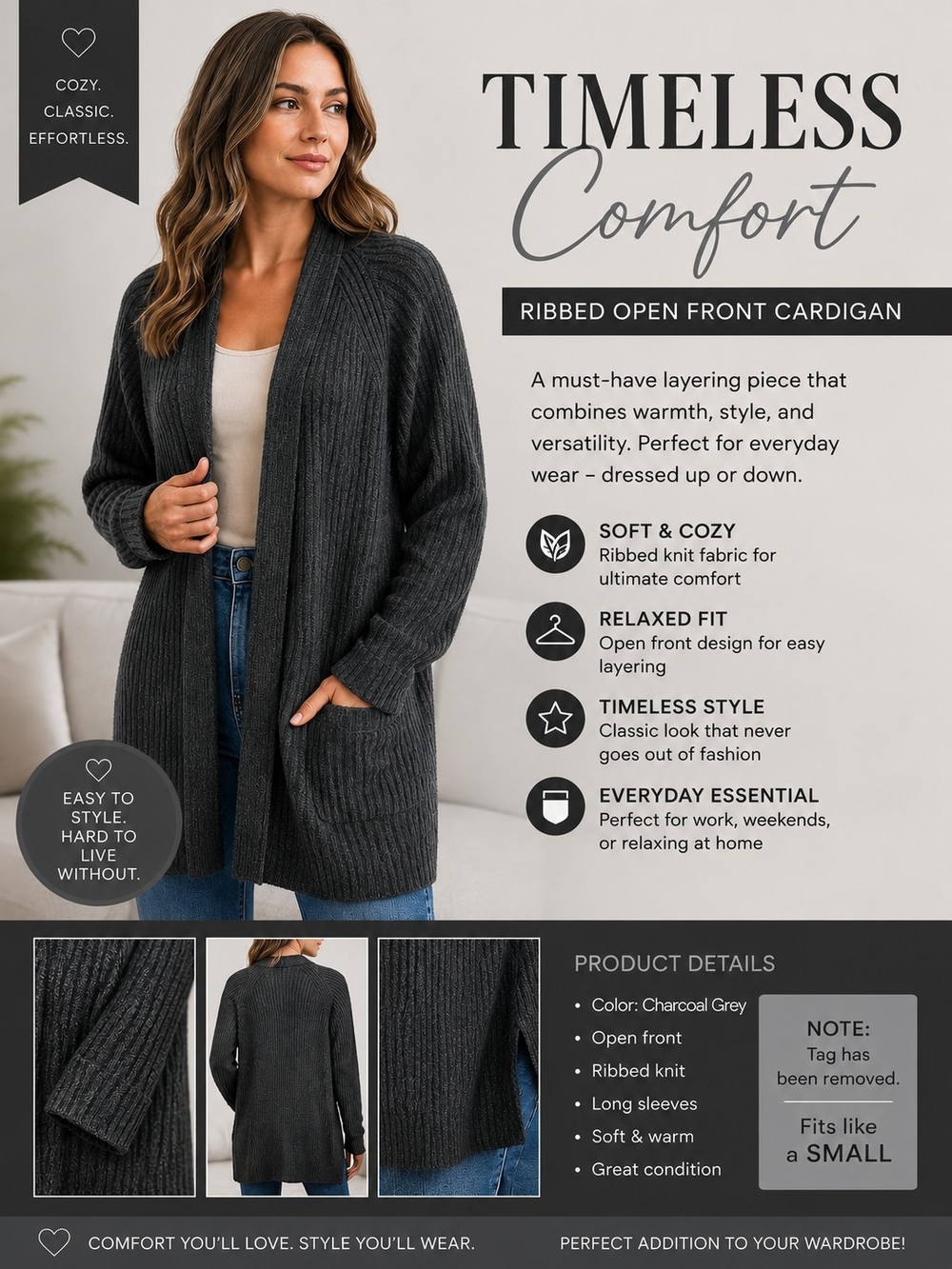 Denver Hayes Charcoal Gray Ribbed Open Front Cardigan